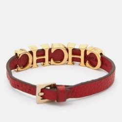 Pre Owned CH Carolina Herrera Red Leather Logo Wrap Bracelet