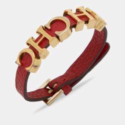 Pre Owned CH Carolina Herrera Red Leather Logo Wrap Bracelet