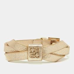 Pre Owned CH Carolina Herrera Gold Leather Logo Bow Bracelet