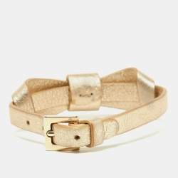 Pre Owned CH Carolina Herrera Gold Leather Logo Bow Bracelet