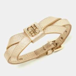 Pre Owned CH Carolina Herrera Gold Leather Logo Bow Bracelet