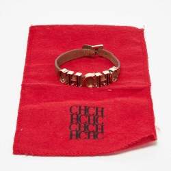 مملوكة مسبقًا CH Carolina Herrera Brown Enameled CH Logo Brown Leather Gold Tone Bracelet
