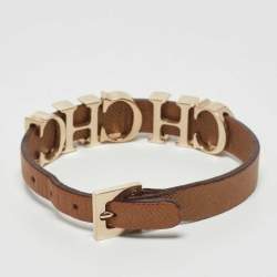 مملوكة مسبقًا CH Carolina Herrera Brown Enameled CH Logo Brown Leather Gold Tone Bracelet