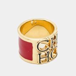 Pre Owned CH Carolina Herrera Logo Enamel Gold Tone Wide Band Ring Size 54