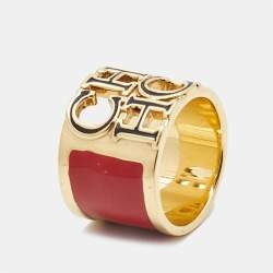 Pre Owned CH Carolina Herrera Logo Enamel Gold Tone Wide Band Ring Size 54