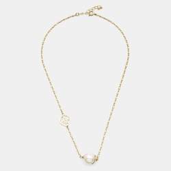 Pre Owned CH Carolina Herrera CH Faux Pearl Gold Tone Earrings and Necklace