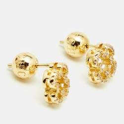 Pre Owned CH Carolina Herrera Gold Tone Petite Rosetta Insignia Cuff Bracelet & Stud Earrings Set