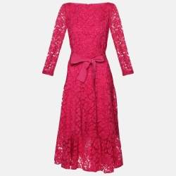 Pre Owned CH Carolina Herrera Pink Floral Lace Belted Midi Dress M