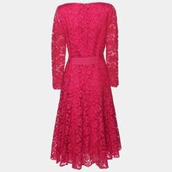 Pre Owned CH Carolina Herrera Pink Floral Lace Belted Midi Dress M