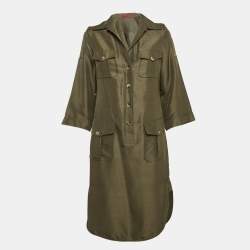 CH Carolina Herrera Olive Green Silk Front Buttoned Short Dress M