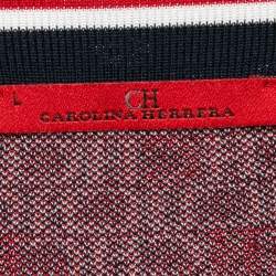 Pre Owned CH Carolina Herrera Navy Blue Monogram Knit Open Front Cardigan L