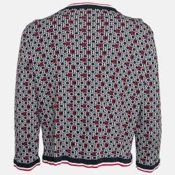 Pre Owned CH Carolina Herrera Navy Blue Monogram Knit Open Front Cardigan L