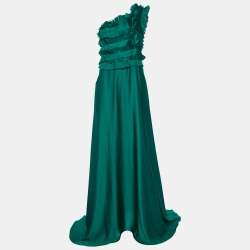 CH Carolina Herrera Green Silk Ruffled One Shoulder Gown M