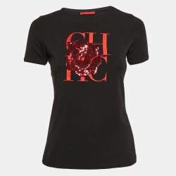 CH Carolina Herrera Black Sequin Rose and CH Embroidered Jersey T-Shirt XS
