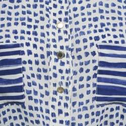 CH Carolina Herrera White/Blue Printed Silk Tie-Up Button Front Blouse L