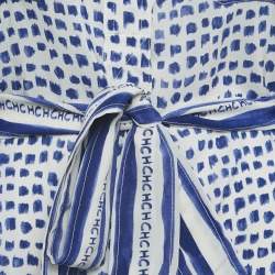 CH Carolina Herrera White/Blue Printed Silk Tie-Up Button Front Blouse L