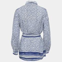CH Carolina Herrera White/Blue Printed Silk Tie-Up Button Front Blouse L