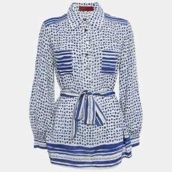CH Carolina Herrera White/Blue Printed Silk Tie-Up Button Front Blouse L
