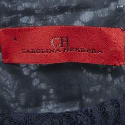 Pre Owned CH Carolina Herrera Navy Blue Floral Lace Short Sleeve Top S