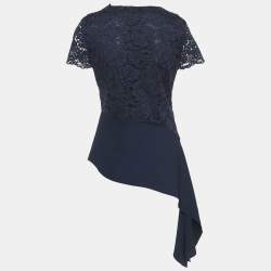 Pre Owned CH Carolina Herrera Navy Blue Floral Lace Short Sleeve Top S