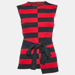 Pre Owned CH Carolina Herrera Navy Blue Striped Knit Belted Top XS