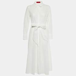 CH Carolina Herrera White Eyelet Lace Belted Maxi Dress L