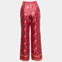 Pre Owned CH Carolina Herrera Pink Logo Print Silk Wide Leg Pants S