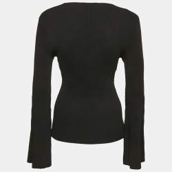 Pre Owned CH Carolina Herrera Black Rib Knit Bell Sleeve Top L