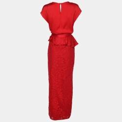 Pre Owned CH Carolina Herrera Red Lace Ruffle Trim Slit Detail Maxi Skirt and Tops M