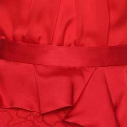 Pre Owned CH Carolina Herrera Red Lace Ruffle Trim Slit Detail Maxi Skirt and Tops M