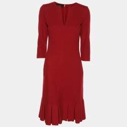 CH Carolina Herrera Red Wool Ruffle Midi Dress XS