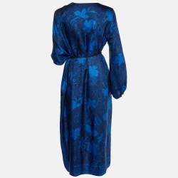 CH Carolina Herrera Blue Logo Floral Print Silk Asymmetric Tunic L