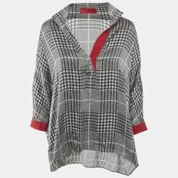 CH Carolina Herrera Black Houndstooth Print Satin Loose Fit Blouse XS