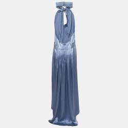 Pre Owned CH Carolina Herrera Blue Silk Halter Neck Pleated Maxi Dress M