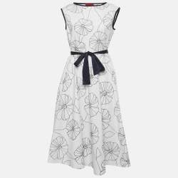 Pre Owned CH Carolina Herrera White Floral Embroidered Cotton Belted Midi Dress M