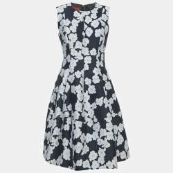 Pre Owned CH Carolina Herrera Navy Blue Floral Jacquard Flared Short Dress M