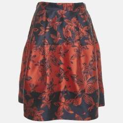 Pre Owned CH Carolina Herrera Blue/Red Floral Jacquard Pleated Short Skirt S