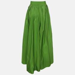Pre Owned CH Carolina Herrera Green Satin Pleated Belted Maxi Skirt M