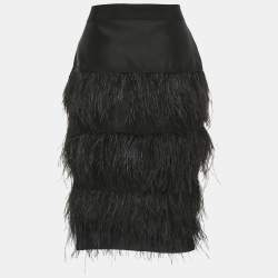 Pre Owned CH Carolina Herrera Black Silk and Cotton Feather Detail Knee-Length Skirt S