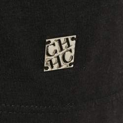 Pre Owned CH Carolina Herrera Black Rose Applique Detail Cotton Blend Frayed T-Shirt L