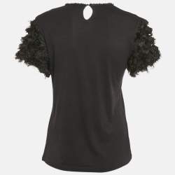 Pre Owned CH Carolina Herrera Black Rose Applique Detail Cotton Blend Frayed T-Shirt L
