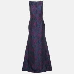 Pre Owned CH Carolina Herrera Navy Blue Rose Embossed Crepe Sleeveless Maxi Dress M
