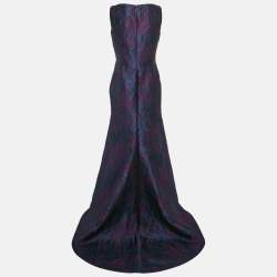 Pre Owned CH Carolina Herrera Navy Blue Rose Embossed Crepe Sleeveless Maxi Dress M
