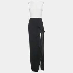 Pre Owned CH Carolina Herrera Black/White Crepe Ruffled Sleeveless Evening Dress M