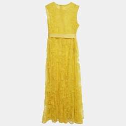 Pre Owned CH Carolina Herrera Yellow Floral Lace Midi Dress L