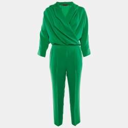 Pre Owned CH Carolina Herrera Green Crepe Faux Wrap Top & Pants Set XXS