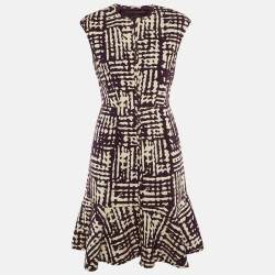 Pre Owned CH Carolina Herrera Purple /White Patterned Knit Flounced Hem Short Dress S 