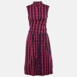 Pre Owned CH Carolina Herrera Pink Striped Cotton Waist Tie Detail Midi Dress M