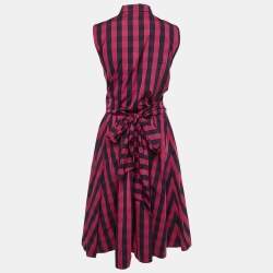 Pre Owned CH Carolina Herrera Pink Striped Cotton Waist Tie Detail Midi Dress M