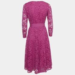 Pre Owned CH Carolina Herrera Pink Lace Belted Flared Dress XS
